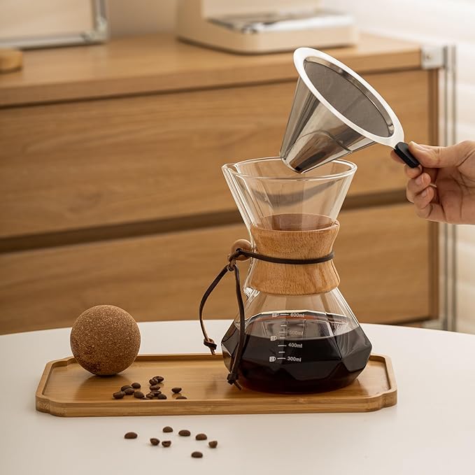 Pour Over Coffee Maker With Wood Sleeve，13.5oz/400mlPour Over Coffee Dripper,Pour Over Coffee Maker Set With Cork Stopper (13.5oz/400ml)