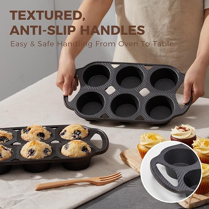 HONGBAKE Everline Collection Cast Iron Muffin Pans, Non toxic Uncoated 6-Cup Muffin Tins, Non-Stick Pre-Seasoned Cupcake Tray Pan Set for Baking, Oven & Stovetop Safe, Standard Size, 2 Pack