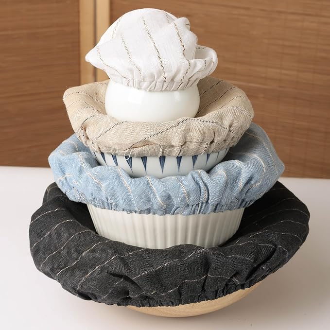 100% Linen Stripe Bowl Covers Reusable For Bread Proofing, 4 Pcs Elastic Cloth Fabric Bowl Covers, 5.9 * 7.9 * 9.8 * 11.8 Inches, Linen