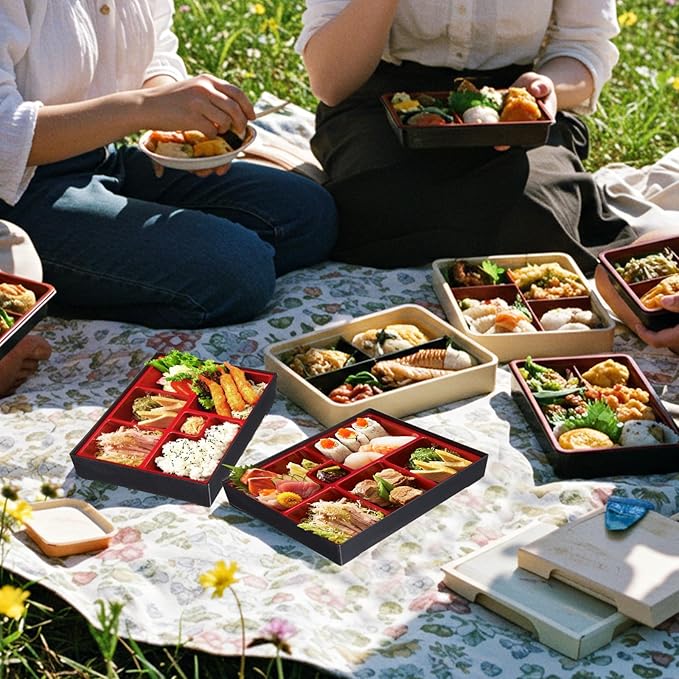 Teenyyou 2 Pcs 10.6 x 8.3 x 2.2 Inch Japanese Bento Box 6 Compartments Divided Lunch Box with Greaseproof Adult Japanese Bento Lunch Container Sushi Home Restaurant