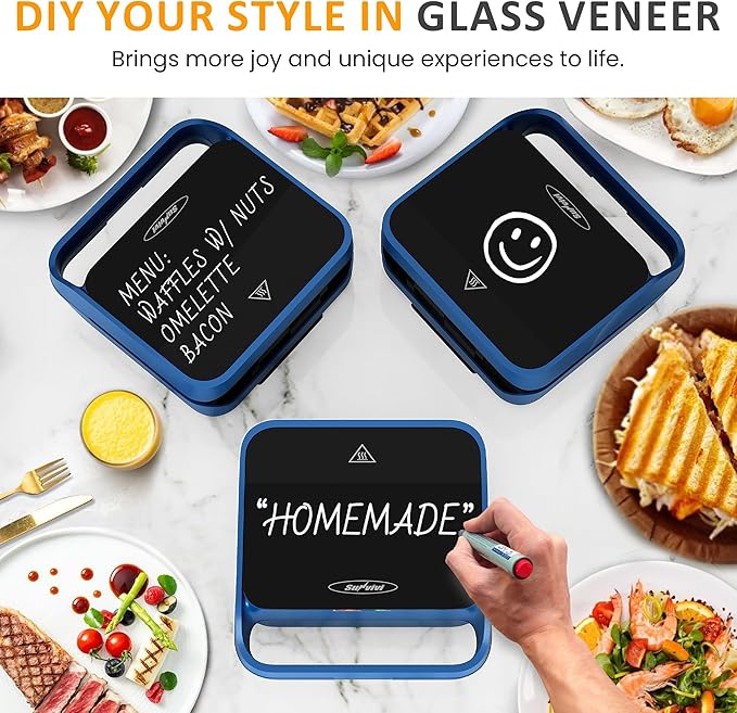 Sunvivi 3 in 1 Sandwich Maker, Electric Waffle Maker with Removable Non-stick Plates, 850W Panini Press Grill with Glass Top, Cool Touch Handle & Easy to Clean, Blue