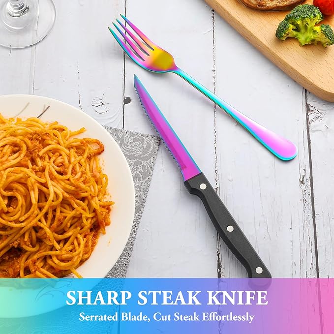 24 Pcs Rainbow Silverware Set with Steak Knives Service for 4,Stainless Steel Flatware Set,Mirror Polished Cutlery Utensil Set, Kitchen Eating Tableware,Include Fork Knife Spoon Set,Dishwasher Safe
