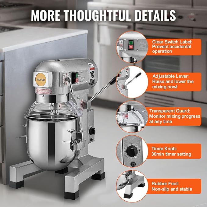 VEVOR Commercial Food Mixer 10Qt, Commercial Mixer with 3 Adjustable Speeds, 550W Dough Mixer,Commercial Stand Mixer with Stainless Steel Bowl
