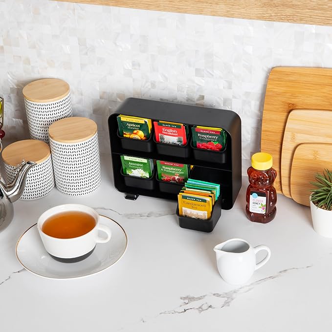 Mind Reader Tea Bag Organizer, Tea Station Organizer, Countertop Storage, Kitchen, Plastic, 10.25"L x 3.25"W x 7.75"H, Black