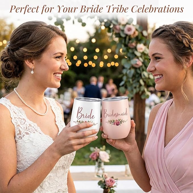 CARAKNOTS Bridesmaid Gifts Bridesmaid Proposal Gifts Wedding Tumbler for Engagement Bachelorette Party Cups Pink Stainless Steel Wine Tumbler with Lid and Straw 12 oz