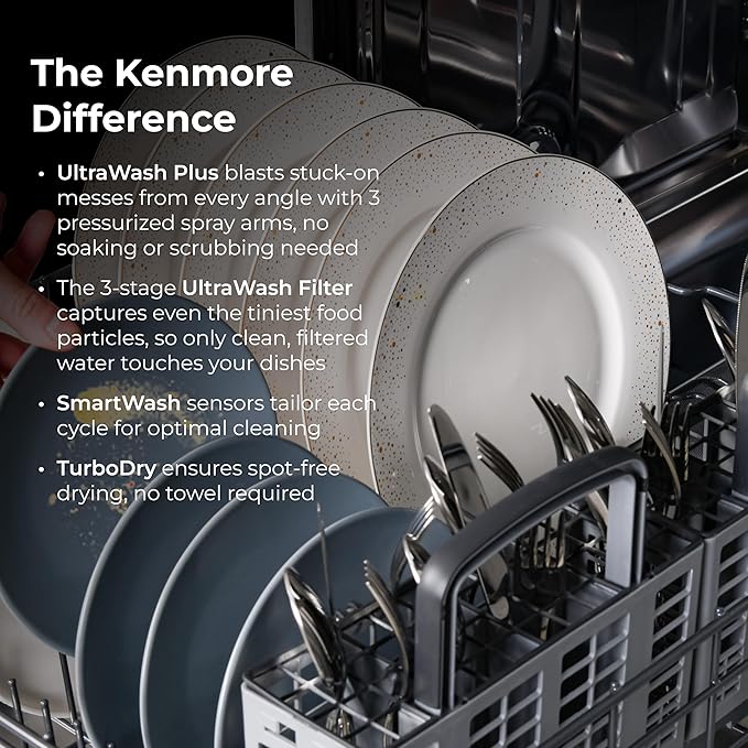 Kenmore 24" Built-In Dishwasher - UltraWash Plus, EasyFlex Third Rack, TurboDry, SmartWash & Reach-Thru Handle - 15 Place Settings - 45 DBA - ENERGY STAR Certified - Stainless Steel