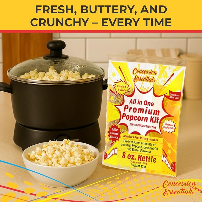 Concession Essentials 8oz Popcorn Portion Packs – Pre-Measured Kernels, Oil & Salt – Case of 12 Packs for Perfect Popcorn Every Time