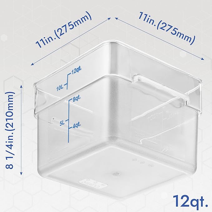 CURTA 8-Pack 12 Qt NSF Clear Polycarbonate Food Storage Containers with Blue Lids - Square, Commercial-Grade, Freezer & Dishwasher Safe, Stackable