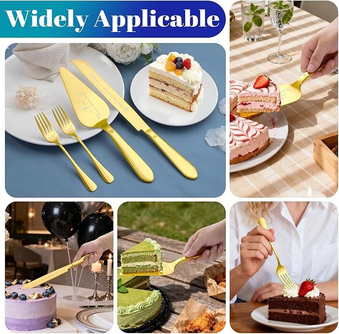 Eisinly Cake Cutting Set for Wedding, Elegant Cake Knife and Server Set with Stainless Steel Forks, Cake Cutter and Pie Spatula for Couples Wedding Registry, Engagements, Anniversary, 4 Pcs, Gold