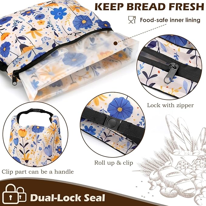 2 Pack Reusable Bread Bags for Homemade Bread, 17"×13" Sourdough Bread Storage Bags with Bowl Cover - Keep Loaf Fresh and Easy to Wash(Blue-Yellow Floral)