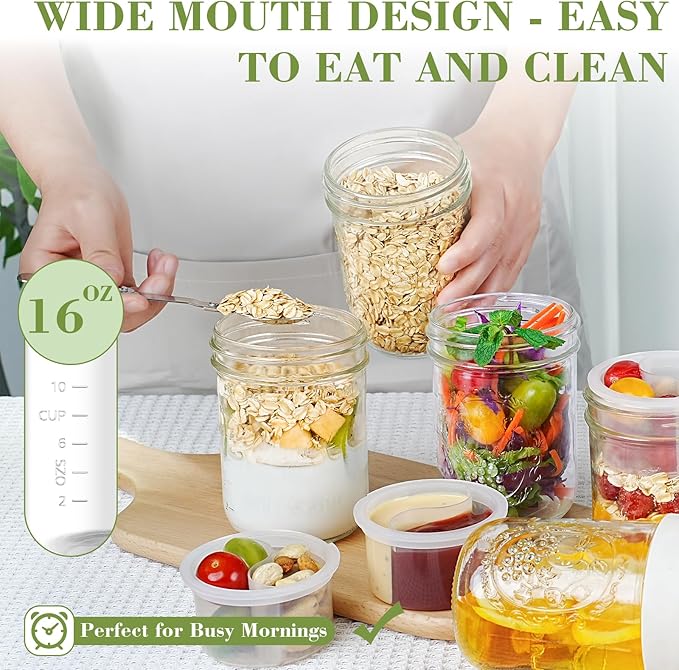 Miuyhji Overnight Oats Containers with Lids, 2-Pack Glass Mason Jars 16 oz with Lids, Folding Spoons and Separated Compartment, for Chia Pudding, Yogurt, Salad, Parfait Cups (Beige)