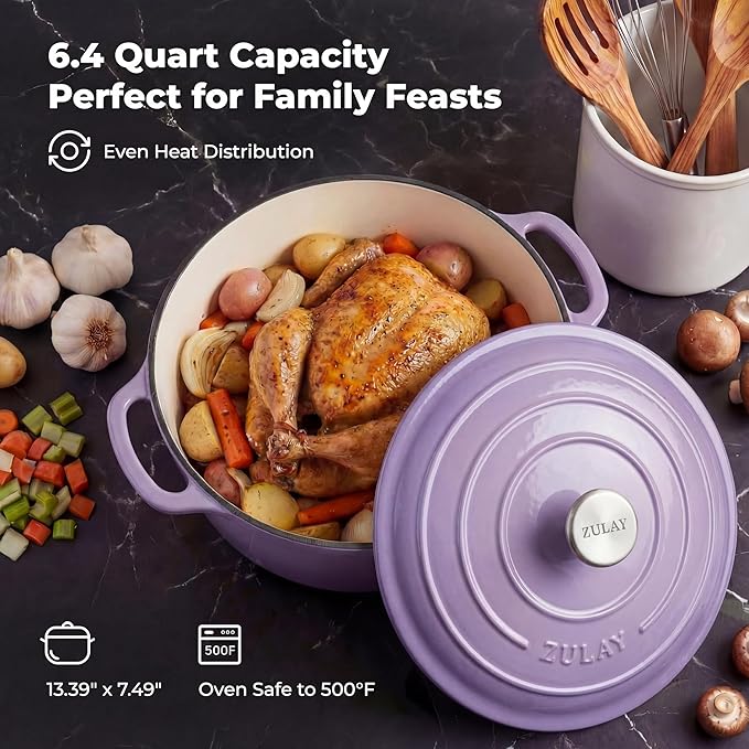 Zulay Kitchen 6 Quart Enameled Cast Iron Dutch Oven Pot with Lid – Premium Durability & Oven Safe up to 500°F – Heavy Duty Cookware Perfect for Bread Baking, Stews, Braising & Roasting - Lavender Jade