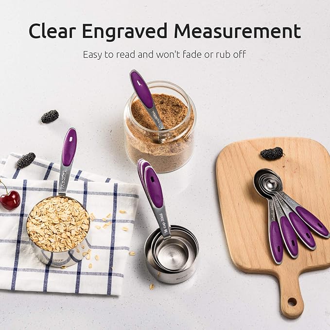 U-Taste 18/8 Stainless Steel Measuring Cups and Spoons Set of 10 Piece, Upgraded Thickness Handle and 1.5oz Heat Resistant Angled Turkey Baster with Cleaning Brush for Cooking Basting (Purple)