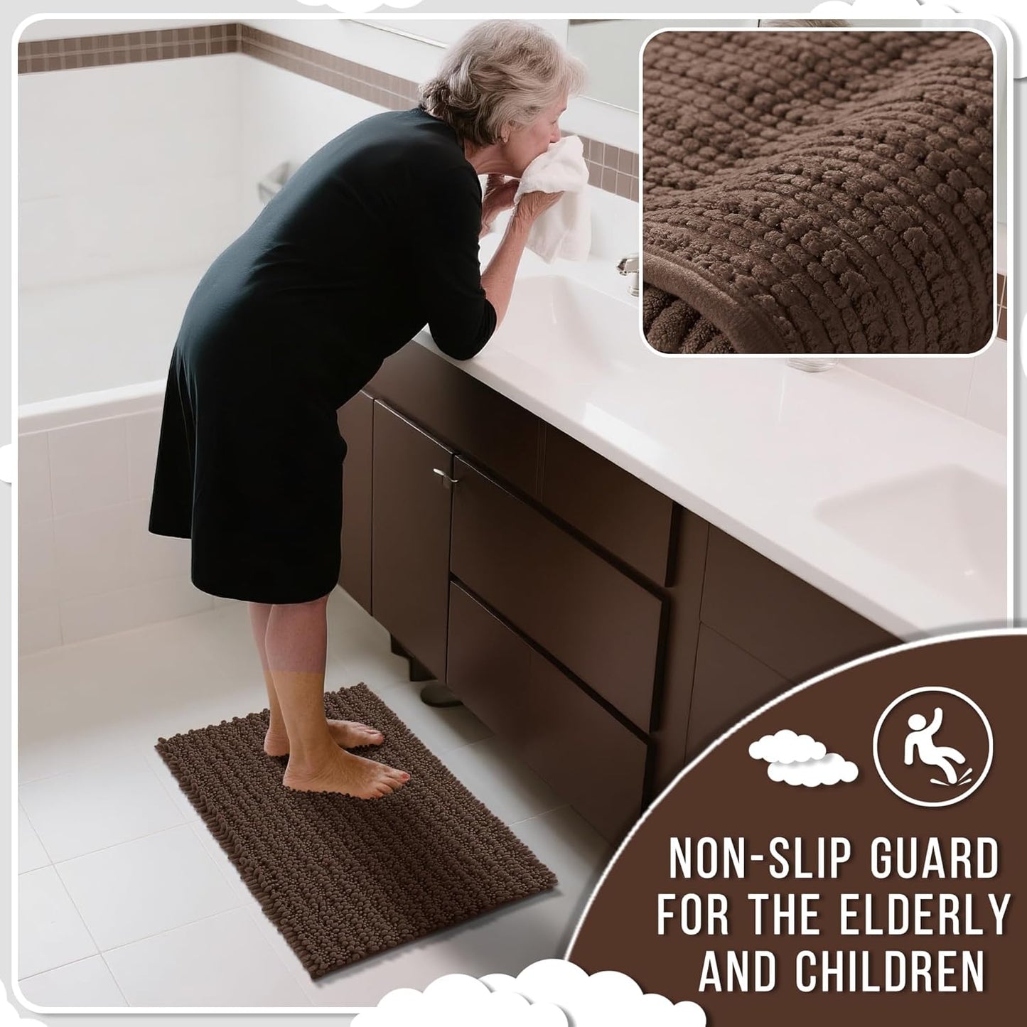 Yimobra Bathroom Rugs Non Slip Washable 24x17 Inch - Ultra Soft Absorbent Chenille Bath Mat, Quick Dry Shaggy Floor Carpet for Tub Shower, Brown Home Decor Accessories
