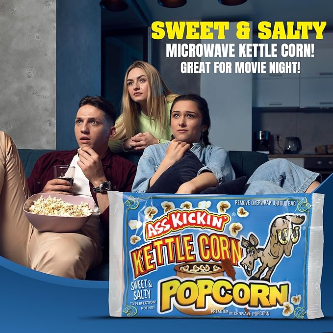 ASS KICKIN' Kettle Corn Microwave Popcorn Bags - 3 Pack - Ultimate Sweet Gourmet Popcorn Gift - Makes a Great Movie Theater Popcorn or Snack Food for Movie Night