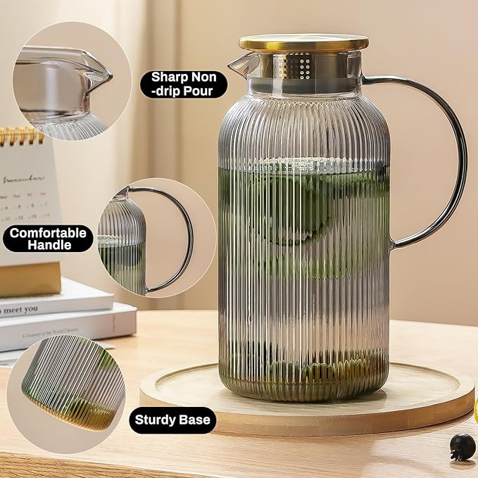 Buaic 2 PACK Glass Pitcher with Lid, 68 oz/ 2 Liter Gray Classic Vertical Stripes Water Pitcher,Glass Water Carafe for Cold Brew, Coffee, Lemonade, Iced Tea,Beverage, Heat Resistant Water Glass Jug