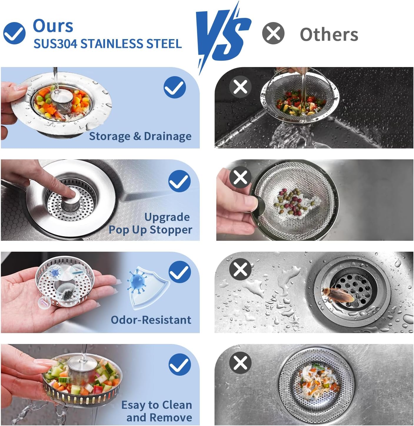 3-in-1 Kitchen Sink Drain Strainer - Pop Up Sink Stopper, Stainless Steel Sink Drain Strainer, Kitchen Sink Stopper & Drain Plug with Anti-Clogging Basket,Sink Strainer Fits US Standard 3-1/2'' Drains