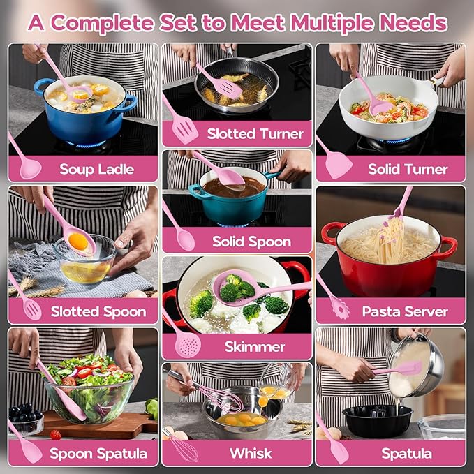 Onader Silicone Cooking Utensils Set, 10 Pieces Kitchen Utensils Set, Pink Kitchen Gadgets Tools Kit for Nonstick Cookware