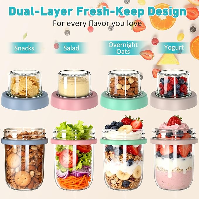 4 Pack Overnight Oats Containers with Lids and Spoons, 20 oz (16+4) Overnight Oats Jars, Glass Mason Jars with Dry and Wet Separation for Oatmeal Salad Yogurt, Dual-Layer Yogurt Containers with Lids