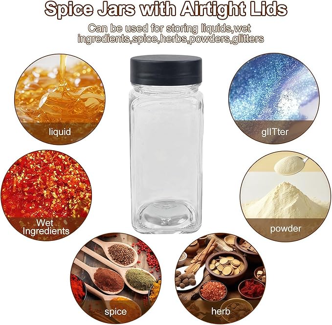 48Pcs Spice Jars Containers with Labels，4oz Black Seasoning Bottles with Shaker Lids for Rack, Cabinet, Drawer,Empty Square Condiment Pots (48, Black)