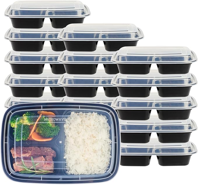 Restaurantware-Asporto 26 Ounce Compartment Take Out Boxes, 50 Microwavable Meal Prep Containers - 3 Compartments, With Clear Plastic Lids, Black Plastic Food Containers, Do Not Contain BPA