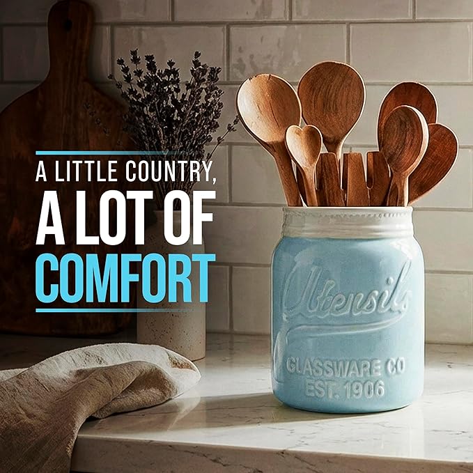 Comfify Wide Mouth Mason Jar Utensil Holder Decorative Kitchenware Organizer Crock, Dishwasher Safe - Kitchen Caddy Aqua Blue for Countertop, Large Size 7" Hight