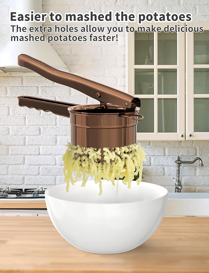 Livilord Large 15oz Potato Ricer, Heavy Duty Stainless Steel Ricer for Mashed Potatoes, Sweet Potato Masher Kitchen Tool with Ergonomic Handle, Press and Mash Kitchen Gadget, Bronze Color