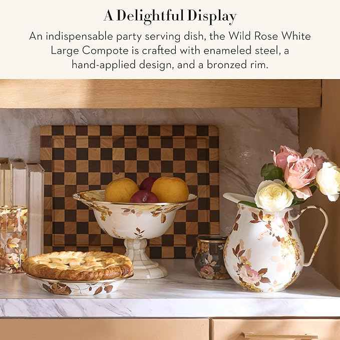 MACKENZIE-CHILDS Enamel Compote, Pedestal Serving Dish or Decorative Bowl, Large, Wild Rose White