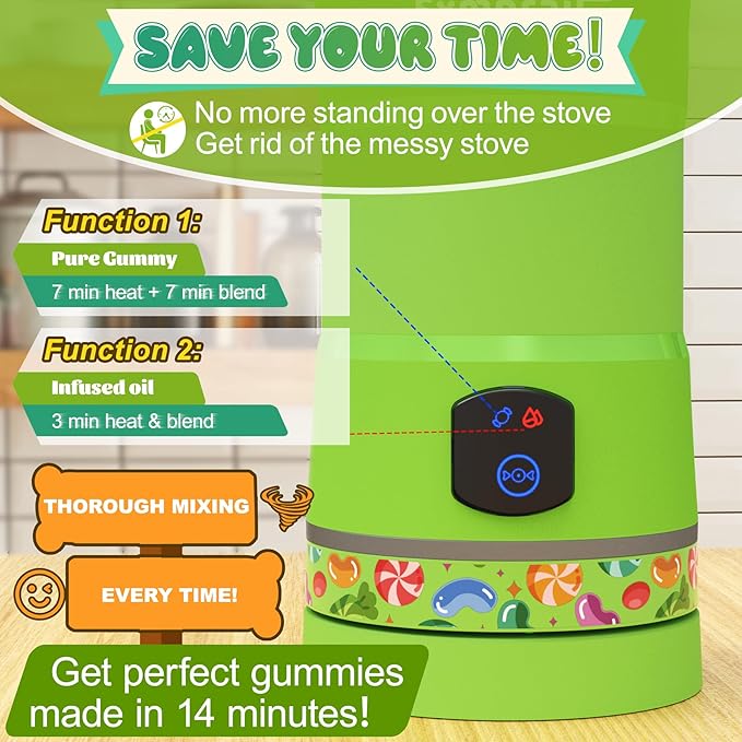 Gummy Maker Machine, Oil Infused Gummy Candy Maker, DIY Edible Gummy, Jelly & Pudding, Gummy Making Kit, ,Include Bear mold, Fruit Mold, Worm Mold & Mixing Stick 5-Years Free Replacement (Green)