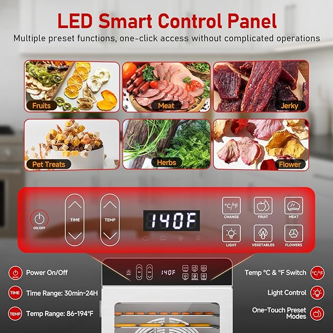 Food Dehydrator, 12 Stainless Steel Trays, 800W Electric Dehydrator Machine with Digital Timer & 194℉ Temp Control, 4 Presets, 10.9ft² Dehydrator for Food and Jerky, Fruit, Herbs, Dog Treats