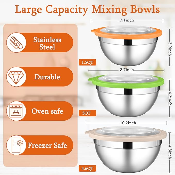 LIANYU Mixing Bowls with Lid Set of 3, Large & Small Stainless Steel Metal Salad Mixing Bowls, 1.5 & 3 & 4.6QT Sizes For Kitchen Cooking, Baking, Storage, Food Prepping, Serving, Three-Color