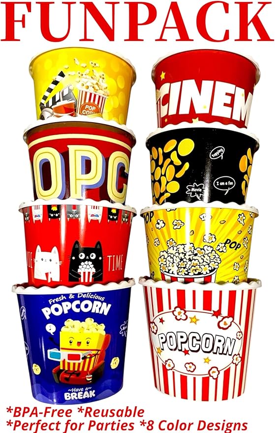 Modern Style Reusable Plastic Popcorn Box/Popcorn Containers/Popcorn Bowls Set for Movie Theater Night - (BPA Free - 8 Pack - 75 oz) (Mix 8-R)