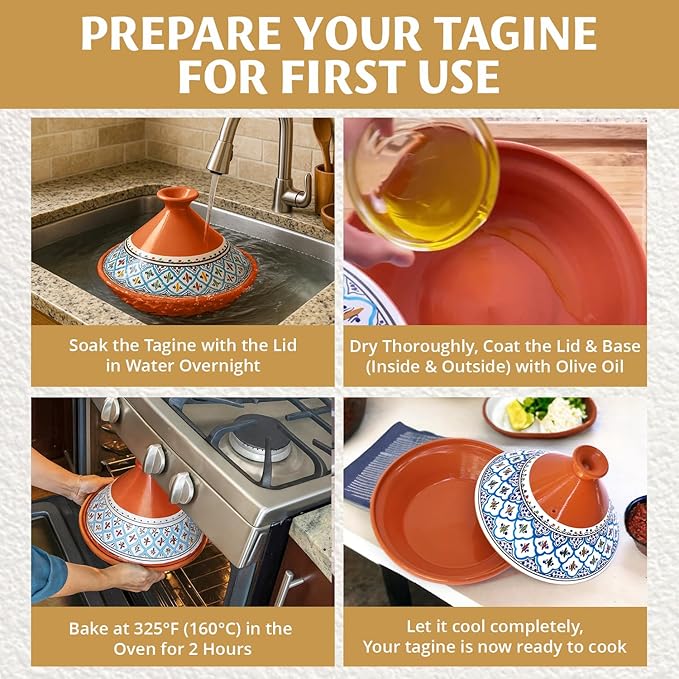 Kamsah Tagine Pot for Cooking and Flavor Enrichment - Large Clay Pot 12”, 5.5 QT - Non-Stick Handmade Cookware - Moroccan Ceramic Pots for Cooking with Lid & Serving Bowl - Bohemian Supreme Blue