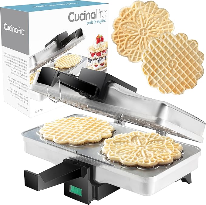 Pizzelle Maker- Polished Electric Baker Press Makes Two 5-Inch Cookies at Once, Even Heating Plates- Must Have Party Baking Supplies - Italian Dessert Treat Making w Recipe - Mothers Day Gift for Her