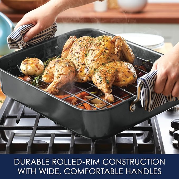 Rachael Ray Brights Hard Anodized Nonstick Roaster / Roasting Pan with Rack - 16 Inch x 12 Inch, Gray