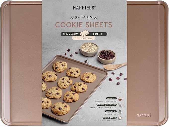HAPPIELS 17 x 13 inch Cookie Sheets for Baking Nonstick Set of 2, PFOA free Cookie Sheet Set without rim, Cookie Sheets Non Stick, Half Sheet Pan for Oven without sides Non Toxic sheet without lip