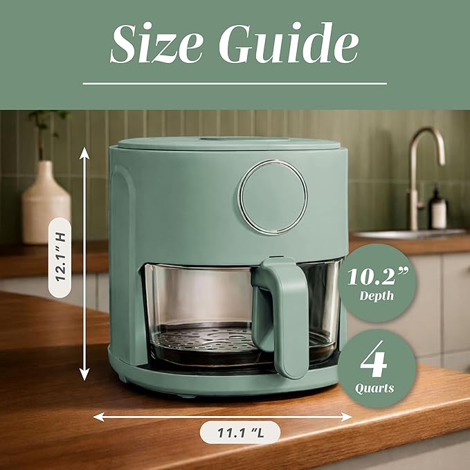COOK WITH COLOR Colorful 1200W 4Qt Air Fryer: Glass Basket, Dishwasher Safe, 60min Timer, 6 Presets, Temp Control 175F-400F, 4 QT, Dark Sage