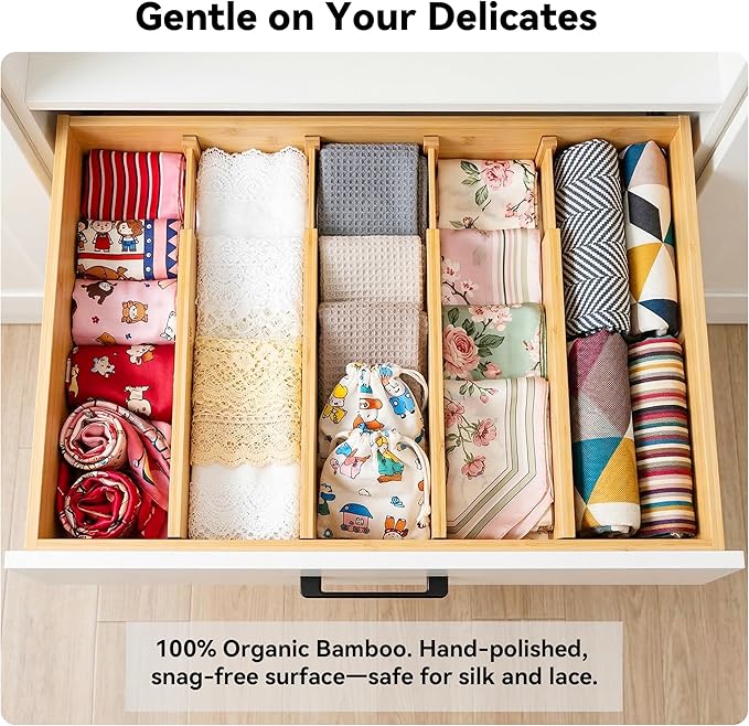 4 Pack Deep Drawer Dividers, 6" High Bamboo Expandable Drawer Organizers, 17-22" Adjustable Tension Separators, Large Drawer Dividers for Kitchen, Bedroom Dresser, Baby Nursery & Bathroom