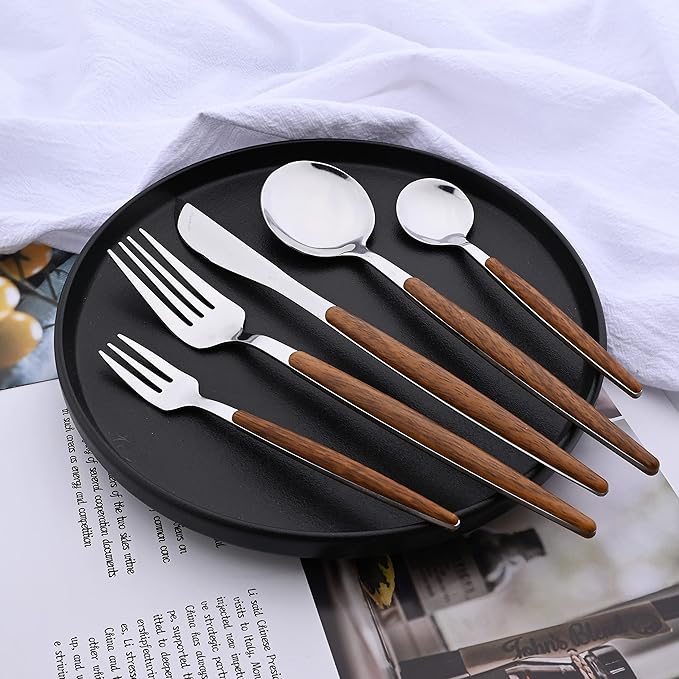 6-Piece Dinner Forks Set, Stainless Steel Forks With Round Wooden Effect Handle, Forks Silverware Set for Home Kitchen Restaurant Hotel, 8.27inches, Mirror Finish & Dishwasher Safe