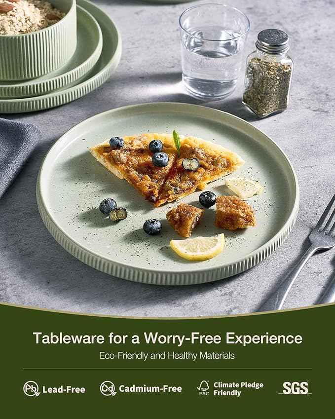 Famiware Star Stoneware Dinnerware Sets for 4 (16pcs), Chip Resistant, Microwave and Dishwasher Safe Complete Dishes, Pasta Bowl, Cereal Bowl, Dinner Plate, Salad Plate, Ribbed, Matte Sage Green