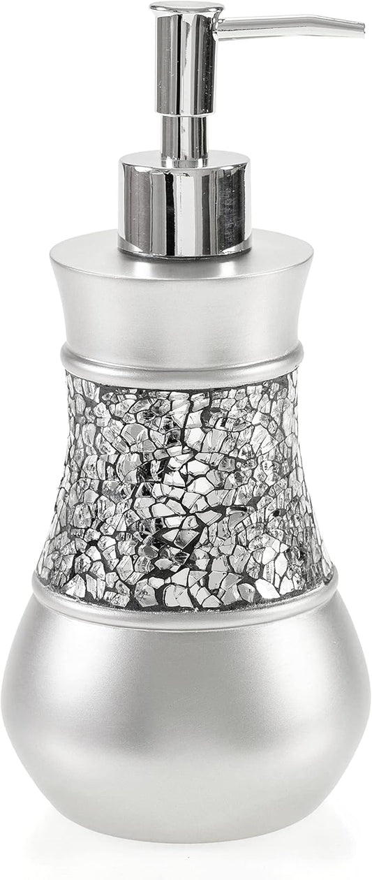 Creative Scents Crackled Glass Silver Hand Soap Dispenser for Bathroom, Decorative Countertop Lotion Dispenser, Elegant Liquid Soap Dispenser with Sturdy Pump for Classic Bathroom Décor