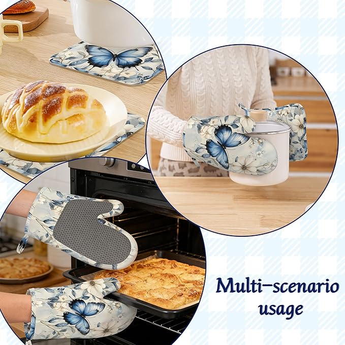 Oven Mitts and Pot Holders Sets Blue Butterfly Silicone Kitchen Mits Potholders Spring Floral Heat Resistant 4Pcs Oven Gloves Hot Pads for Baking Cooking BBQ Grilling Home Decor