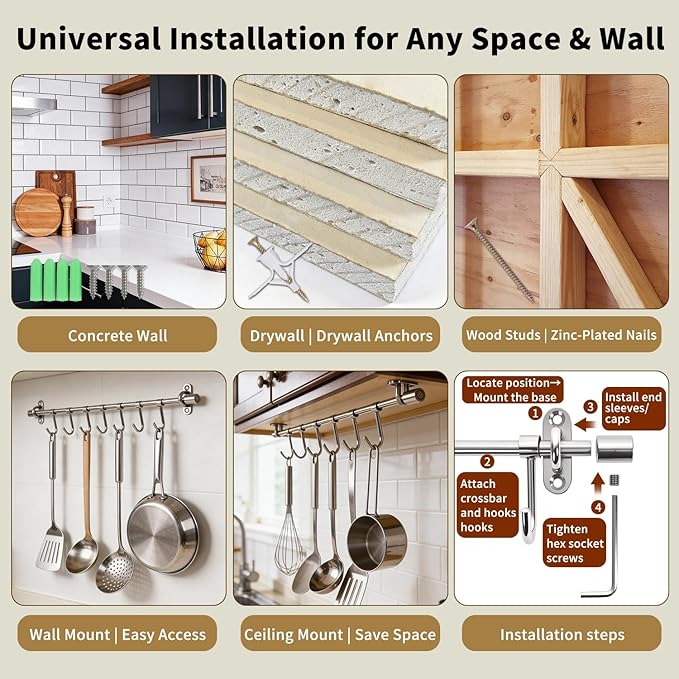 15.7" Kitchen Utensil Rack with Adjustable Holes - 7 Sliding Hooks 304 Stainless Steel, Pots and Pans Hanging Rack Wall Mounted 2 Pack