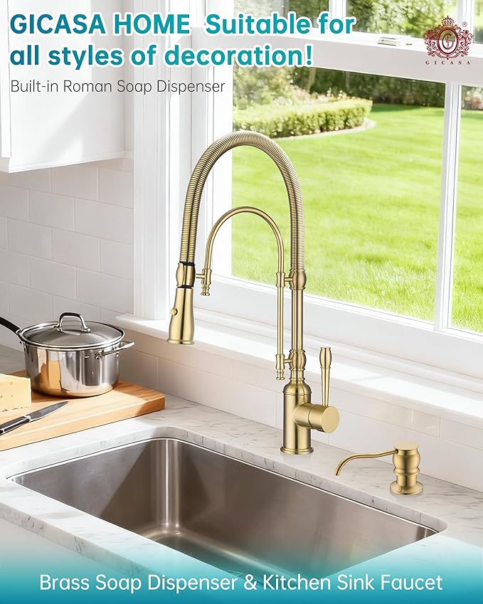 Built in Deck Mount Liquid Lotion Kitchen Countertop Metal Soap Dispenser, Brushed Gold Brass Dispenser Pump with 500ml (17oz) High Capacity Bottle