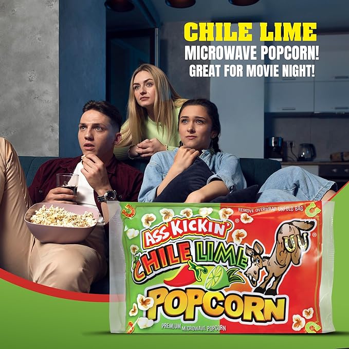 ASS KICKIN' Chile Lime Microwave Popcorn Bags - 12 Pack - Ultimate Spicy Popcorn Gourmet Gift - Makes a Great Movie Theater Popcorn or Snack Food for Movie Night