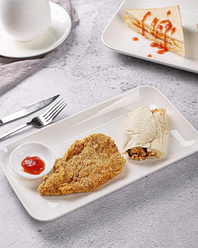 DELLING 8 Inch White Rectangular Plates Set of 3 - Porcelain Serving Platters for Appetizers, Sushi, Dessert - Oven Safe Rectangle Dinner Plates for Party, Restaurant - Stackable Ceramic Dishes