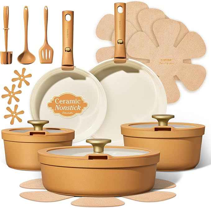 Carote 20pcs Ceramic Cookware Set with Detachable Handles, Pots and Pans Set Non Stick, RV Kitchen Cooking Pot and Pan, Dishwasher Safe, Non-toxic Induction Cookware PFAS and PFOA Free,Orange