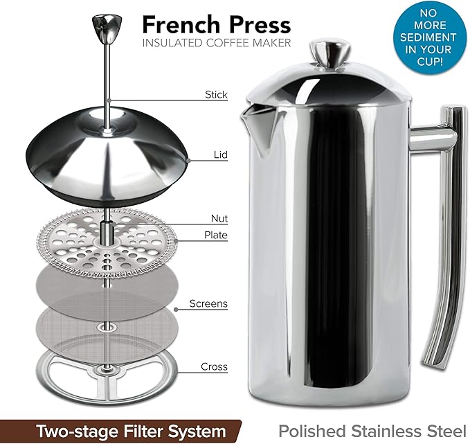 Frieling French Press Coffee Maker - 17 oz, Polished Stainless Steel - Double-Wall Insulated French Press & Cold Brew Pitcher for Camping & Travel - Manual Non-Plastic Coffee Maker