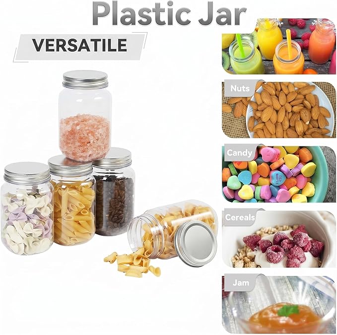 novelinks 16 oz Clear Plastic Jars with Lids, Refillable 16oz Mason Jars with Lids & Storage Containers for Kitchen & Household Use (10 Pack,Silver)