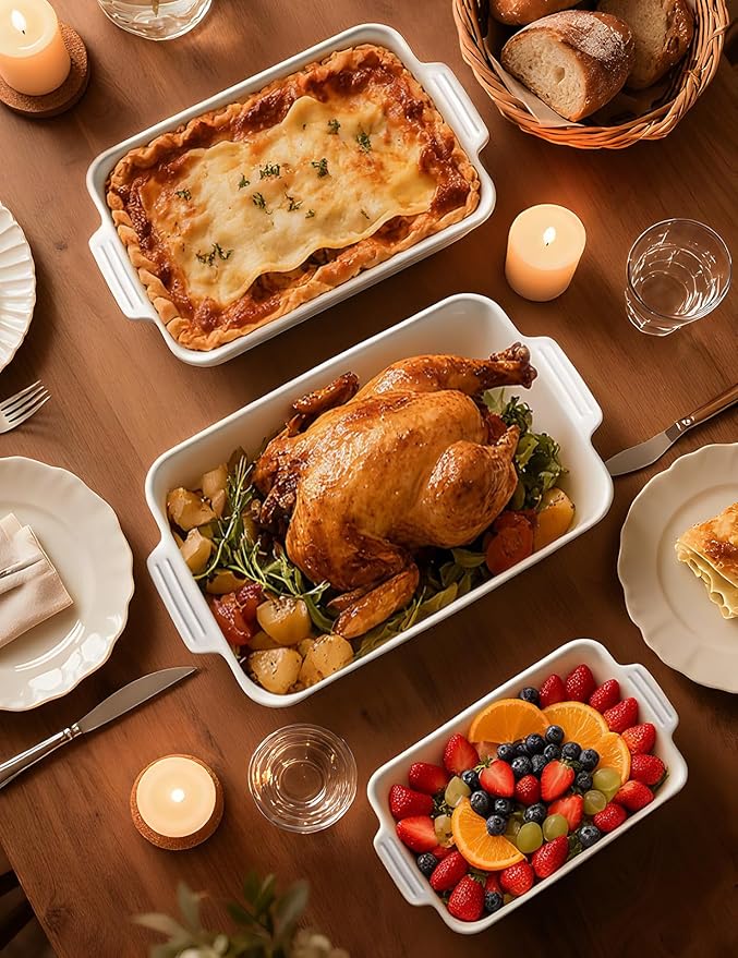 Ceramic Baking Dish Set, 3-Piece Casserole Dishes for Oven, Rectangular Baking Pans, Deep Lasagna Pans with Handles, Multi-Size Set for Cooking, Baking, Serving, and Gifting, White (16.1''/12.2''/9'')